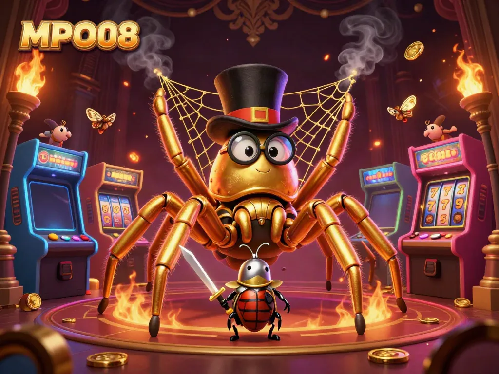 Engage with MPO08’s thrilling digital casino scene featuring a golden tarantula and colorful gaming elements.