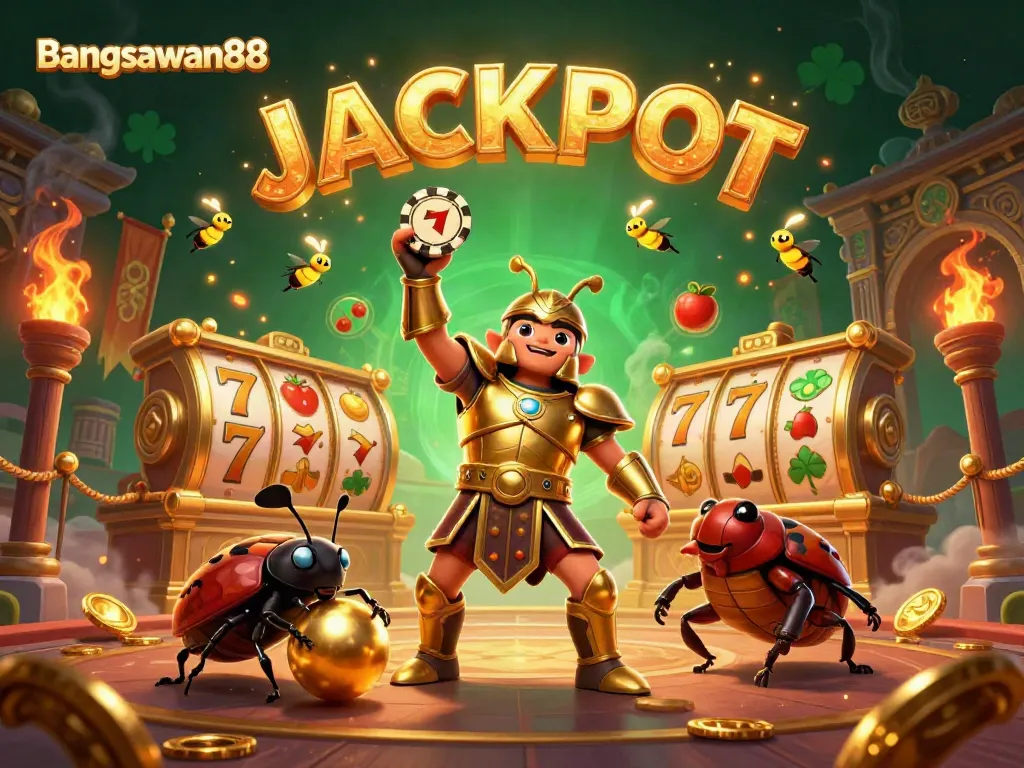 Win big with Bangsawan88 as a heroic beetle raises a poker chip, set in a vibrant casino arena.