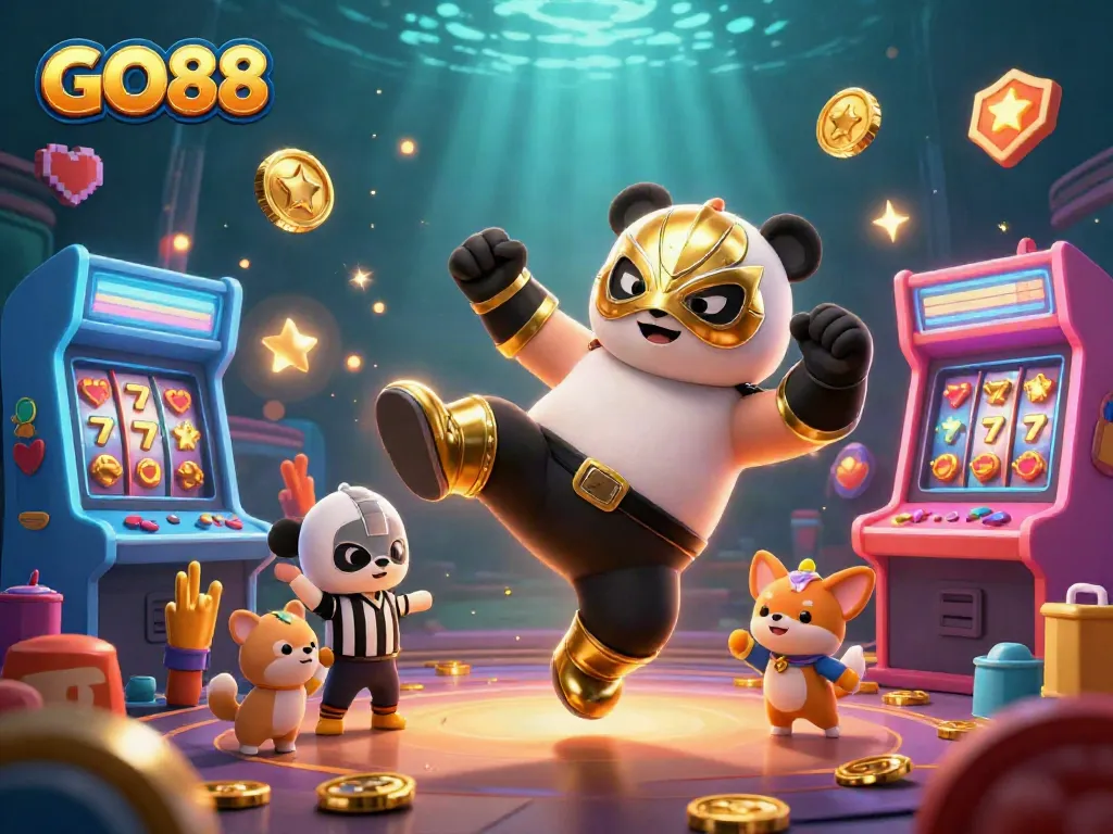 GO88 invites excitement with a 3D panda wrestler, casino game machines, and vibrant spectators.