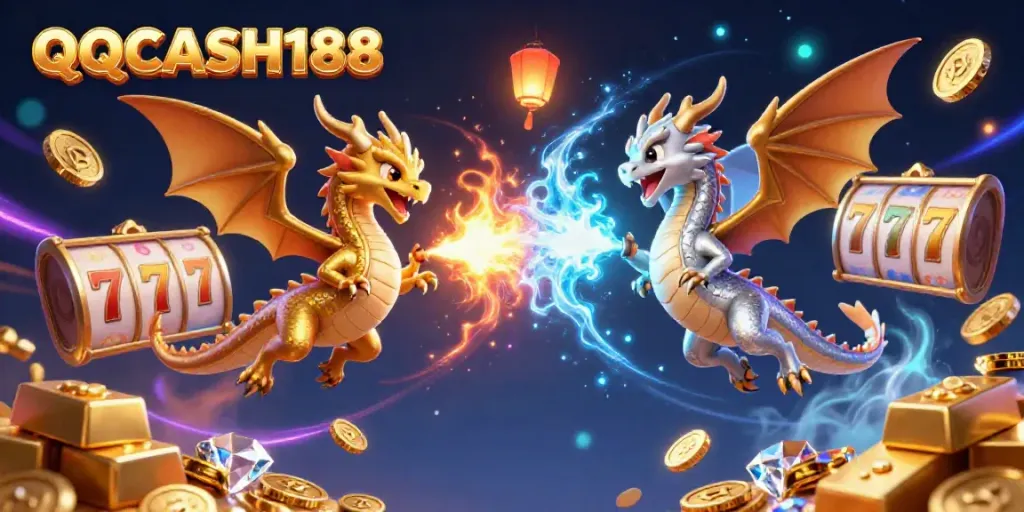 Engage with QQCASH188 as twin 3D cartoon dragons battle in a vibrant casino-themed 3D scene.
