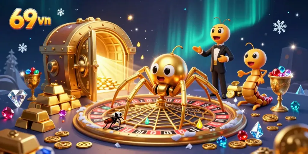 Engage in thrilling bets at 69 vn's cartoon roulette wheel, illustrated in a whimsical and vibrant scene.