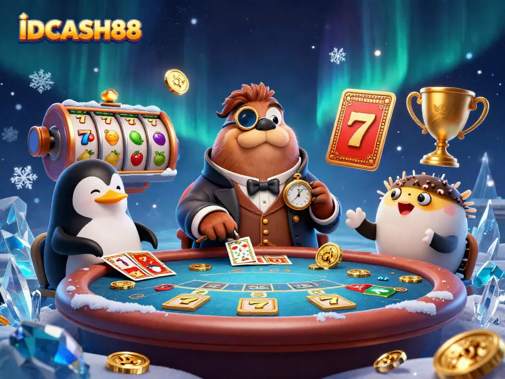 Bet and play exciting slots at IDCASH88 with a fun underwater casino scene featuring characters like a walrus and penguin.