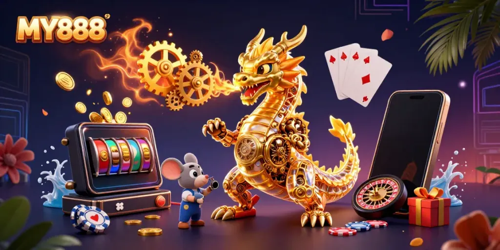 Experience the thrill of MY888 gaming with a golden dragon, vibrant slots, and dynamic casino elements.