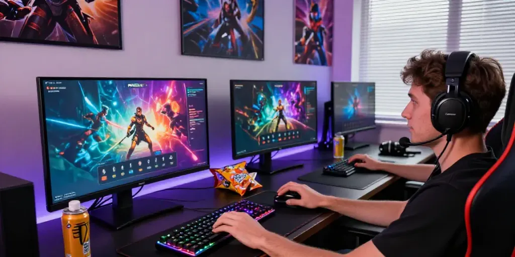 PESGslot gaming session with ultra-wide monitor and vibrant graphics, showcasing an engaging atmosphere.