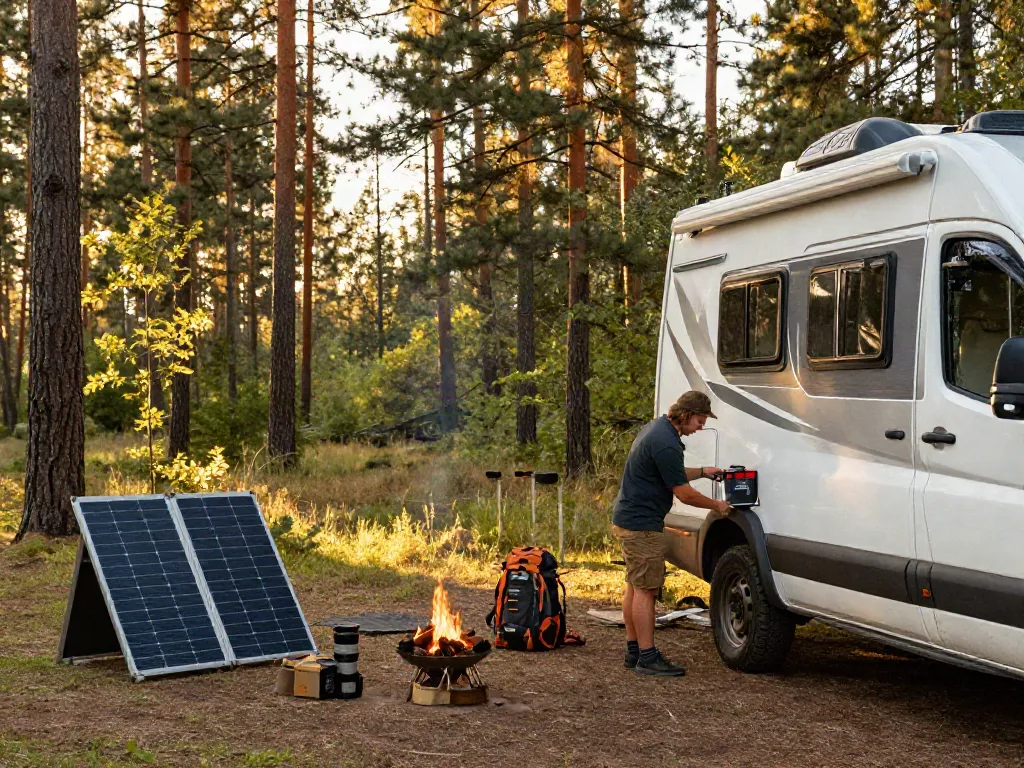 Connecting an rv lithium battery to a camper van in a scenic outdoor setting.